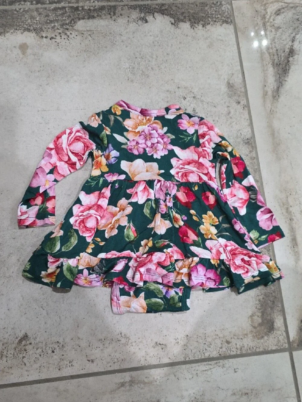 Posh Peanut 0-3M Girls Floral Long Sleeve Ruffle Dress Bodysuit - Green & Pink